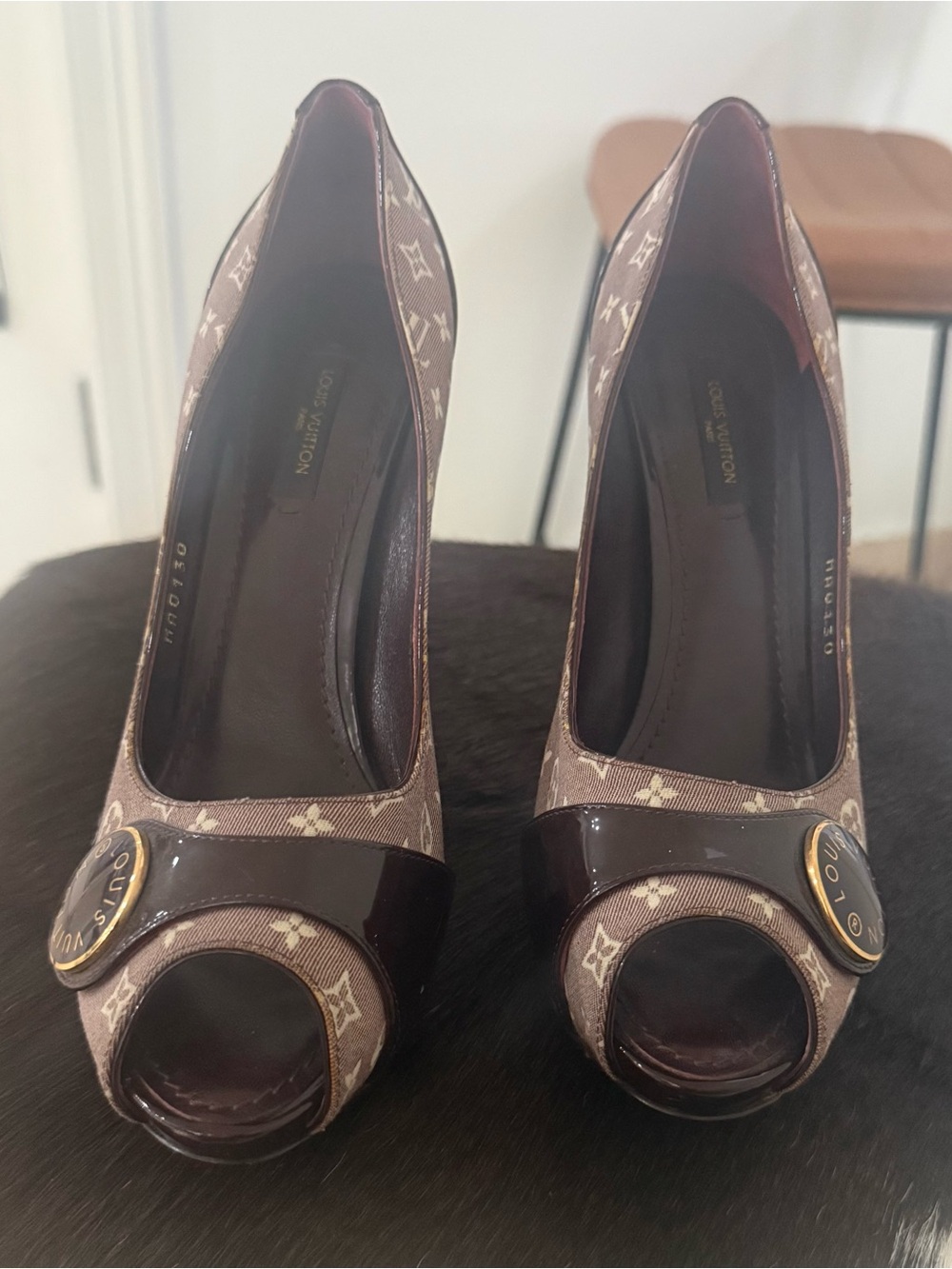 Louis Vuitton Brown Monogram Peep-Toe Pumps with Gold Accent